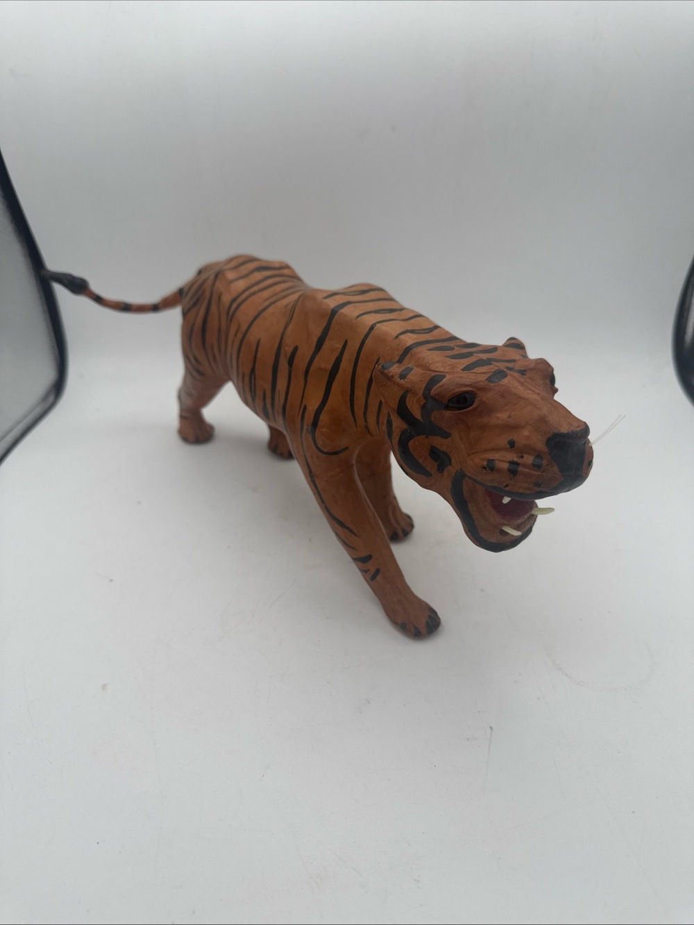 VTG MCM Leather Wrapped Paper Mache Bengal Tiger Figure 11”